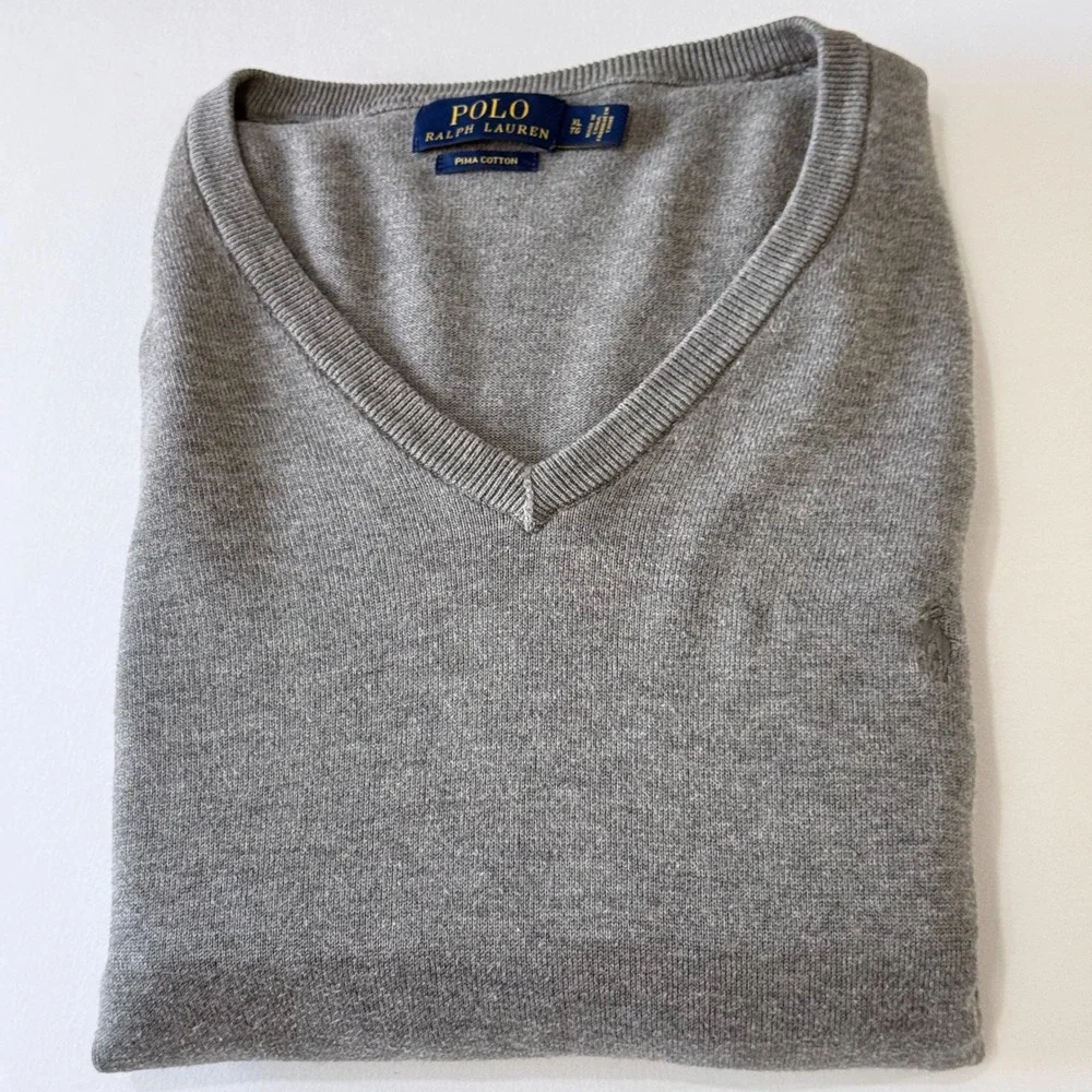 Polo‎ Ralph Lauren Mens XL Grey Pima Cotton V-Neck Sweater Heathered Pony Logo